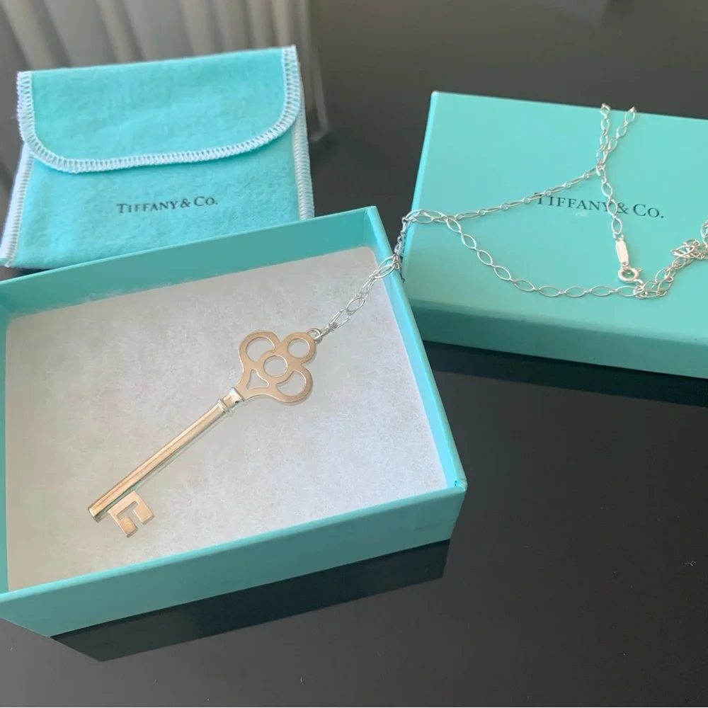 Tiffany & Co Large Crown Key Necklace 24” Sterling Silver 925 w Box Pouch Auth